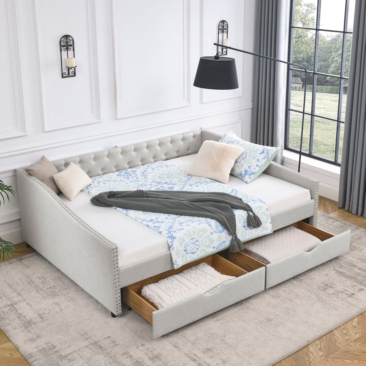 Upholstered Tufted Daybed and Storage Drawers