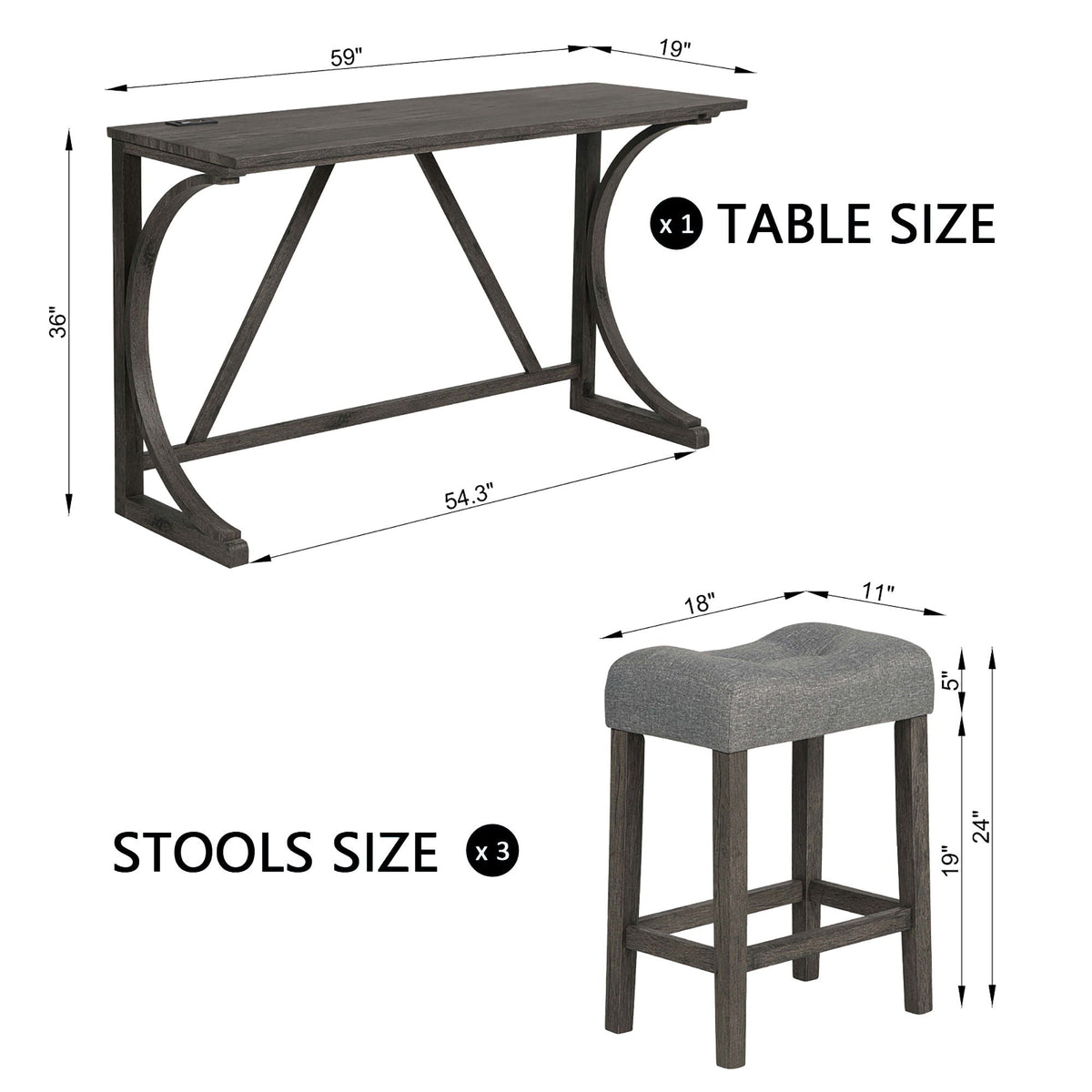 Bar table set with 3 padded stools in dark wood finish, curved leg supports, and gray upholstered seats on Tampa Home & Garden Store