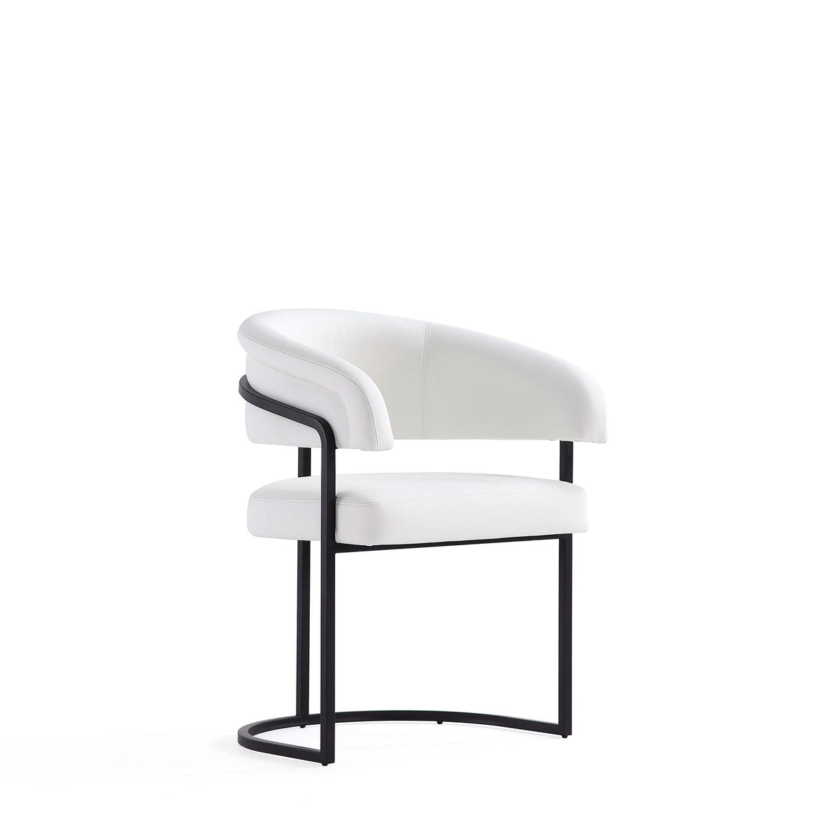 Geometric Base Dining Chair with white vegan upholstery, curved arms, circular black base on Tampa Home & Garden Store