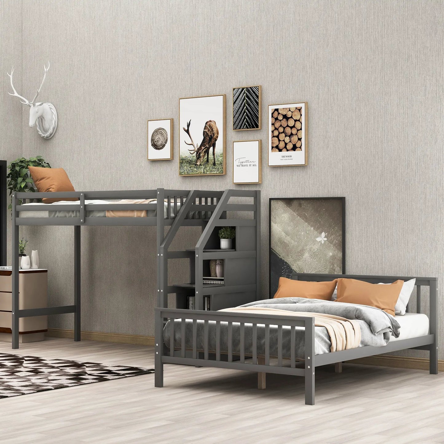 Loft Bed with Staircase and Storage Grids