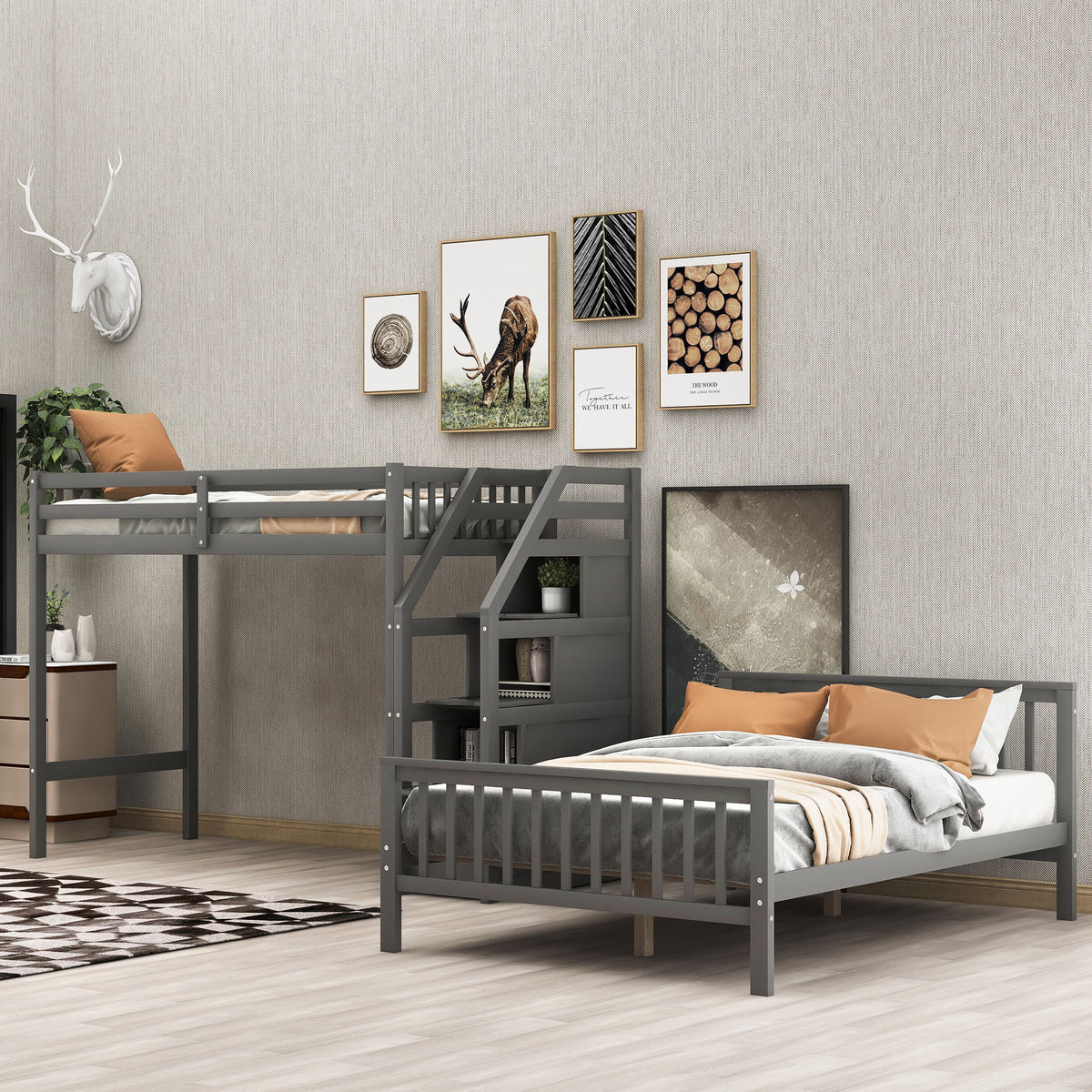 Loft Bed With Staircase And Storage gray metal frame with built-in stairs and under-bed storage on Tampa Home & Garden Store