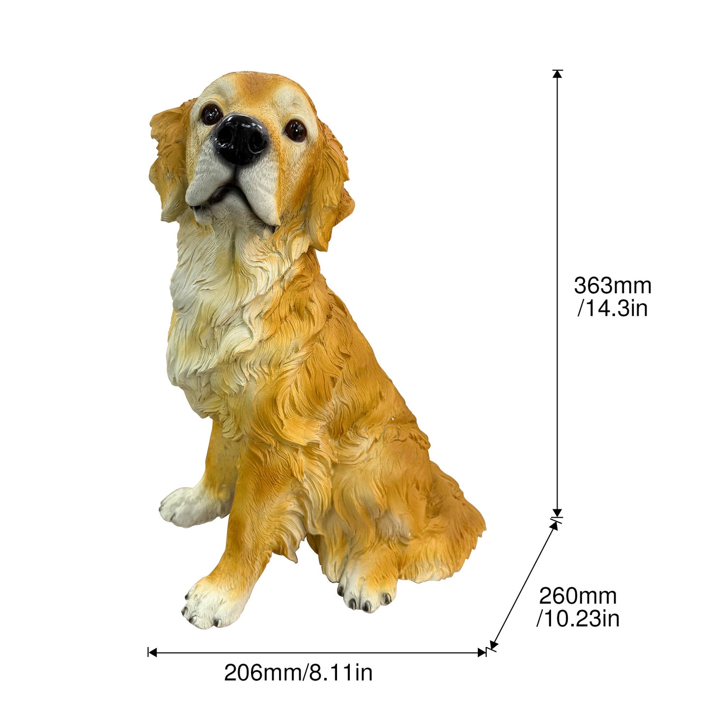 Golden Retriever garden statue, lifelike fur texture in warm tan tones, seated pose on Tampa Home & Garden Store