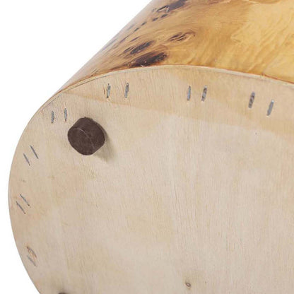 Nebula 22in end table; warm natural brown burl wood, round top with visible dowel pegs on Tampa Home & Garden Store