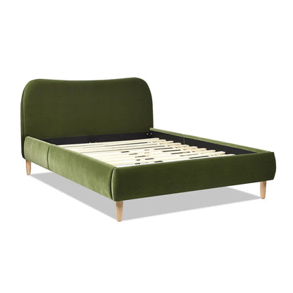 Roman Curved Headboard Upholstered Bed in olive velvet with slat base and wood legs on Tampa Home & Garden Store