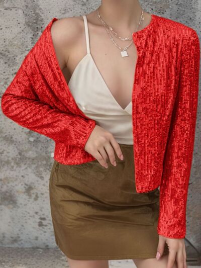 Sequin cropped jacket red open-front Stevvex, glamorous sparkle over beige top and brown skirt on Tampa Home & Garden Store