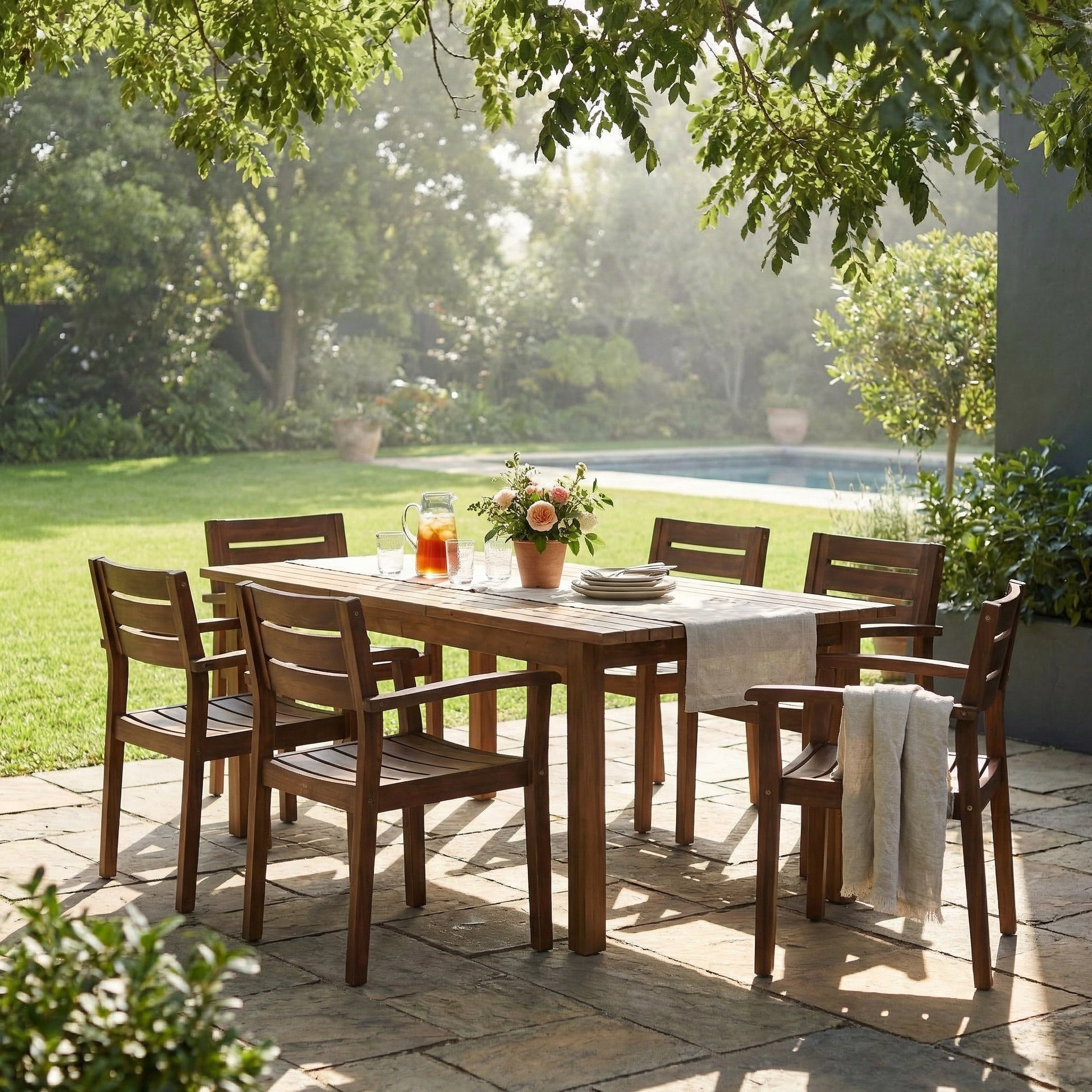 7-Piece Acacia Wood Outdoor Dining Set by HouseOfZazla, wooden table with brown chairs for outdoor dining on Tampa Home & Garden Store