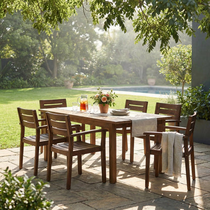7-Piece Acacia Wood Outdoor Dining Set by HouseOfZazla, wooden table with brown chairs for outdoor dining on Tampa Home & Garden Store