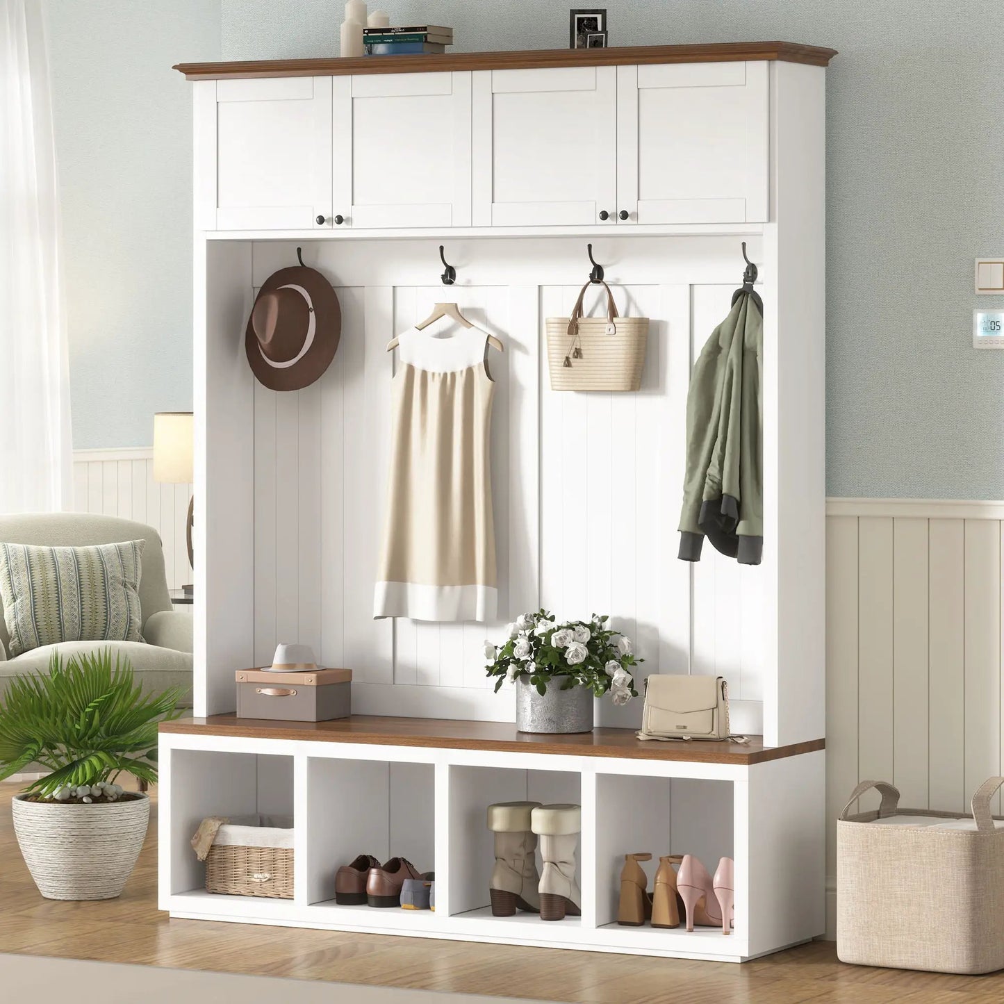 Entryway Hall Tree With Bench And Storage white wood top Unique Piece Furniture hooks on Tampa Home & Garden Store