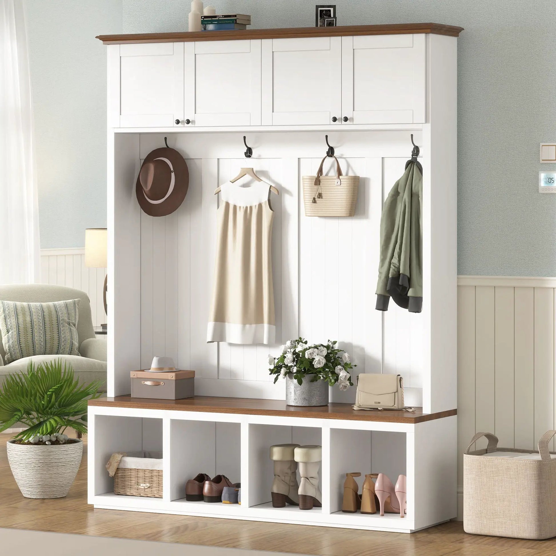 Entryway Hall Tree With Bench And Storage white wood top Unique Piece Furniture hooks on Tampa Home & Garden Store