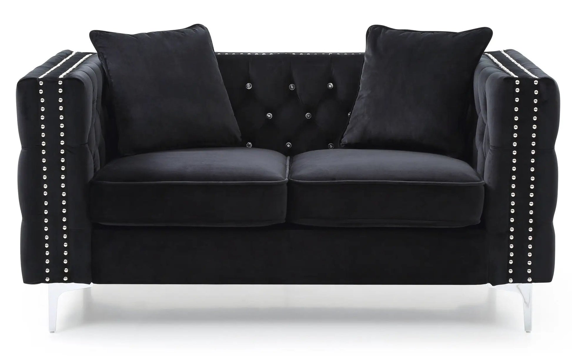 Elegant track arm loveseat in black velvet with tufted back and crystal buttons chrome legs on Tampa Home & Garden Store