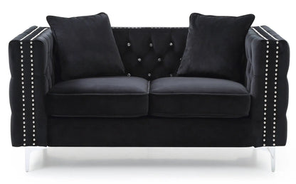 Elegant track arm loveseat in black velvet with tufted back and crystal buttons chrome legs on Tampa Home & Garden Store