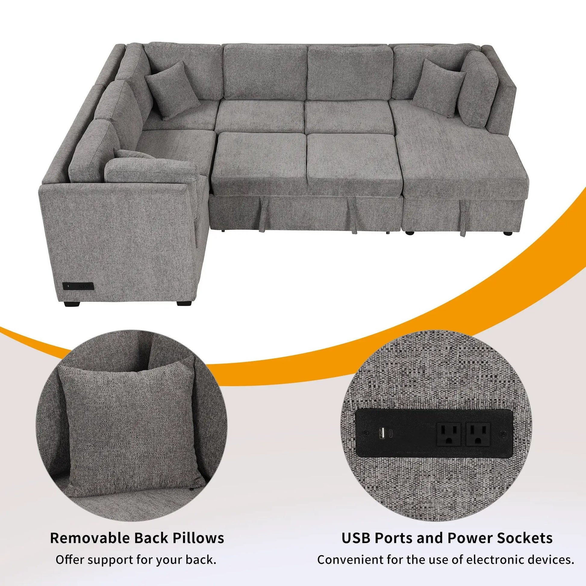 U-shaped sleeper sectional sofa in gray fabric with storage chaise and two USB ports and two power sockets on Tampa Home & Garden Store