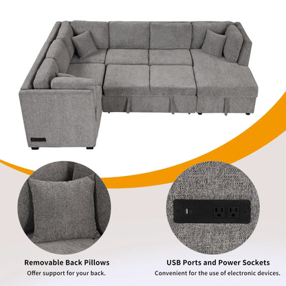 U-shaped sleeper sectional sofa in gray fabric with storage chaise and two USB ports and two power sockets on Tampa Home & Garden Store