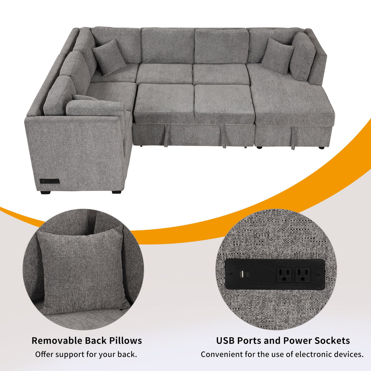 Gray U-shaped sleeper sectional sofa with removable back pillows and USB ports on Tampa Home & Garden Store