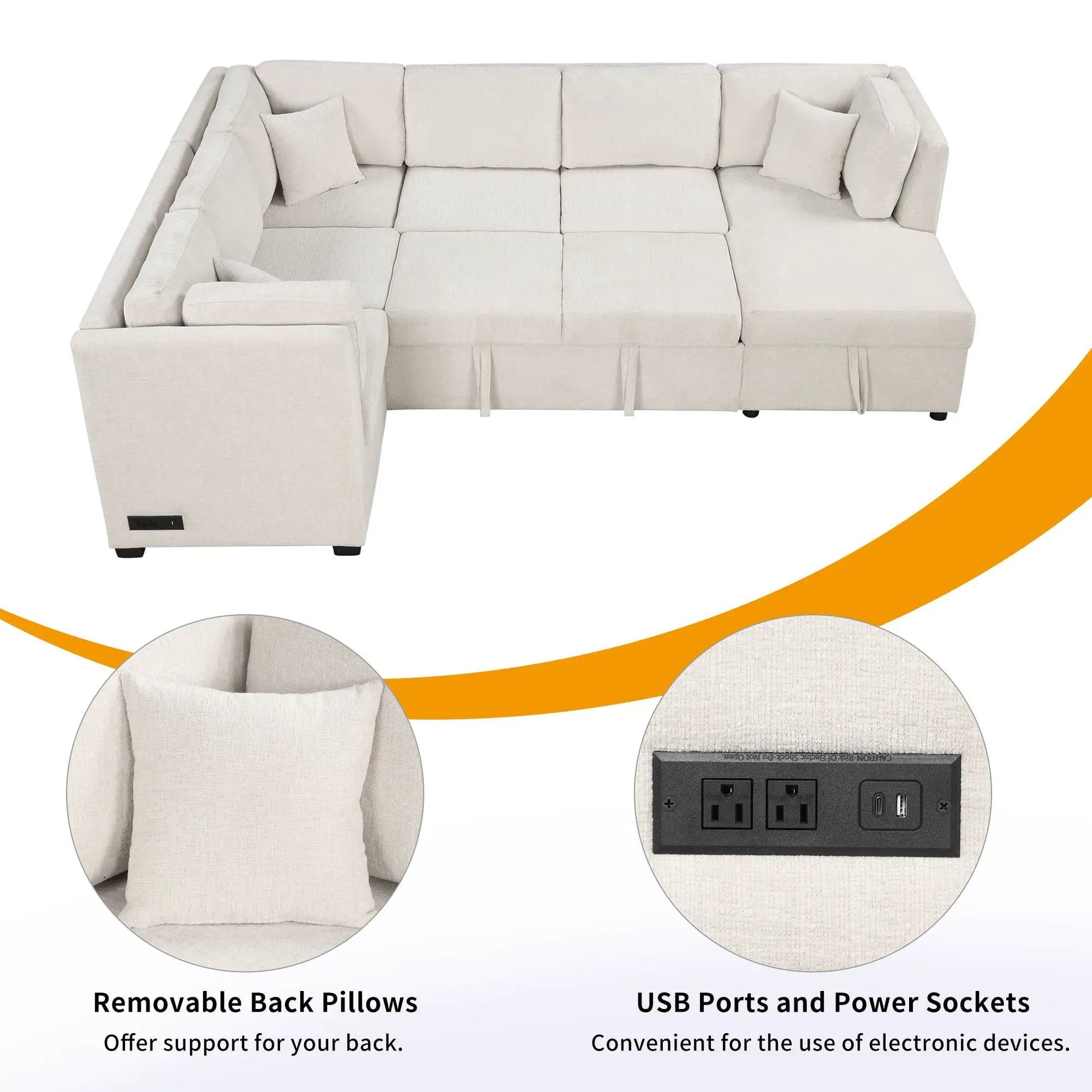 Beige U-shaped sleeper sectional with back pillows, storage, USB ports and power sockets on Tampa Home & Garden Store