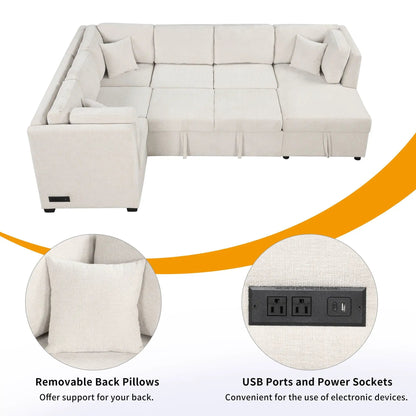Beige U-shaped sleeper sectional with back pillows, storage, USB ports and power sockets on Tampa Home & Garden Store