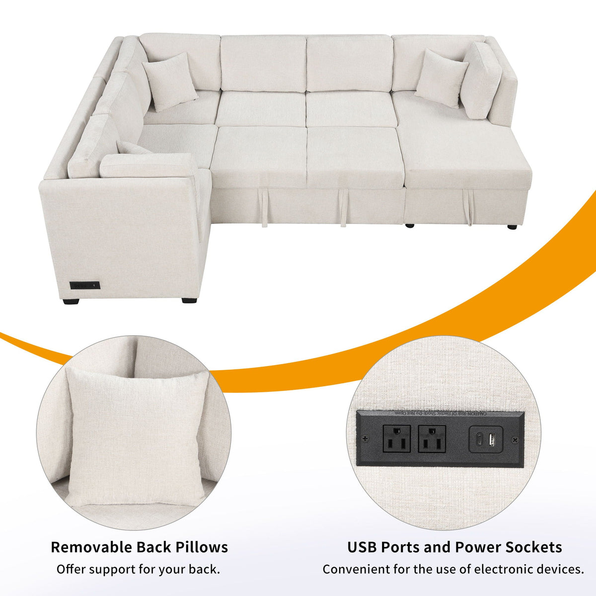 U-shaped sectional sleeper sofa with storage chaise and USB ports HouseOfZazla on Tampa Home & Garden Store