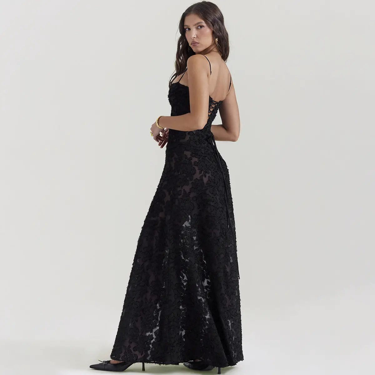 Fashion suspender lace long dress black spaghetti-strap gown by FLIPSTYLEZLLC on Tampa Home & Garden Store