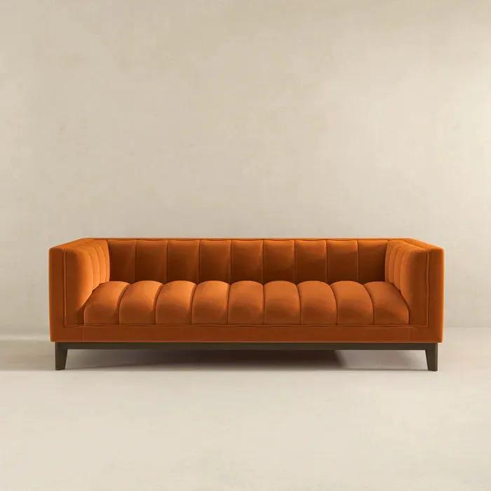Melissa Mid Century Modern Sofa orange velvet tufted stationary sofa Unique Piece Furniture on Tampa Home & Garden Store