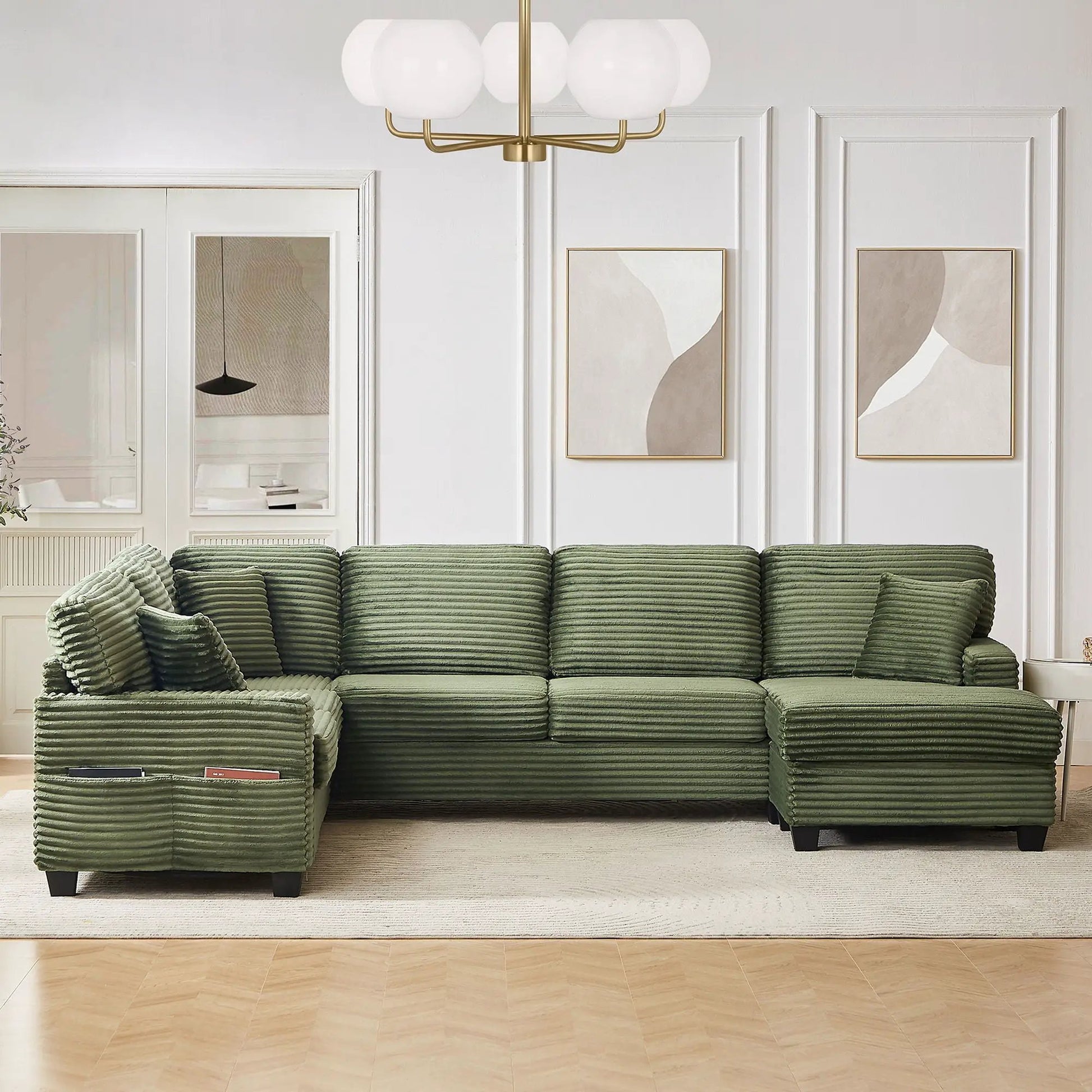 Upholstered U-shaped sectional sofa in green ribbed fabric with movable ottoman and side pockets on Tampa Home & Garden Store