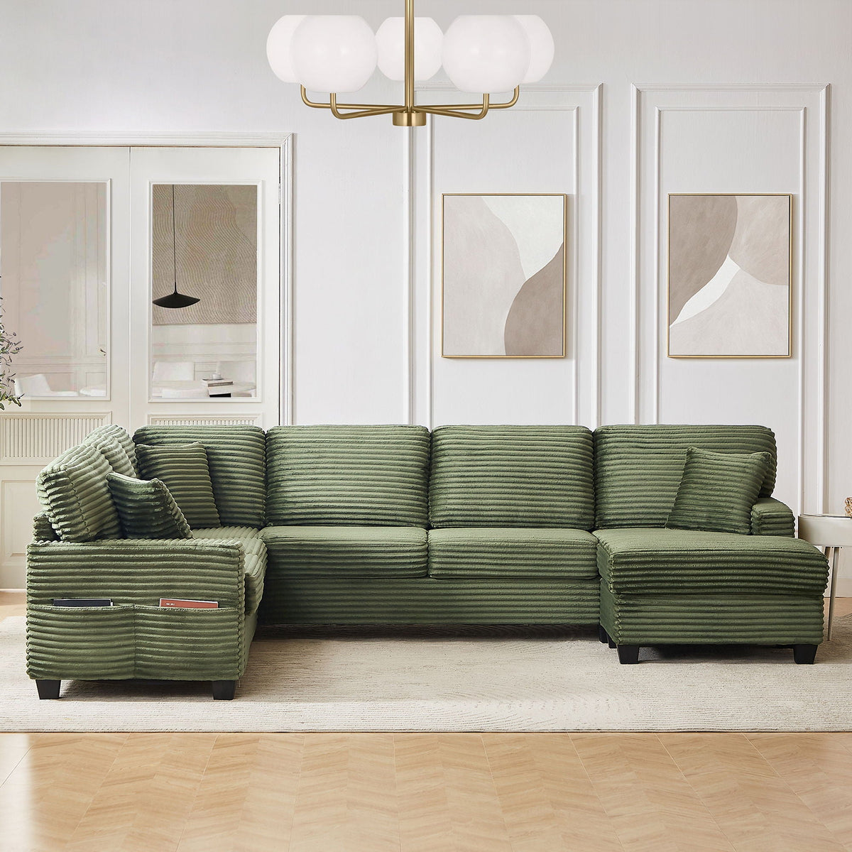 Upholstered U-Shaped sectional sofa in green corduroy with movable ottoman, 2-piece set on Tampa Home & Garden Store