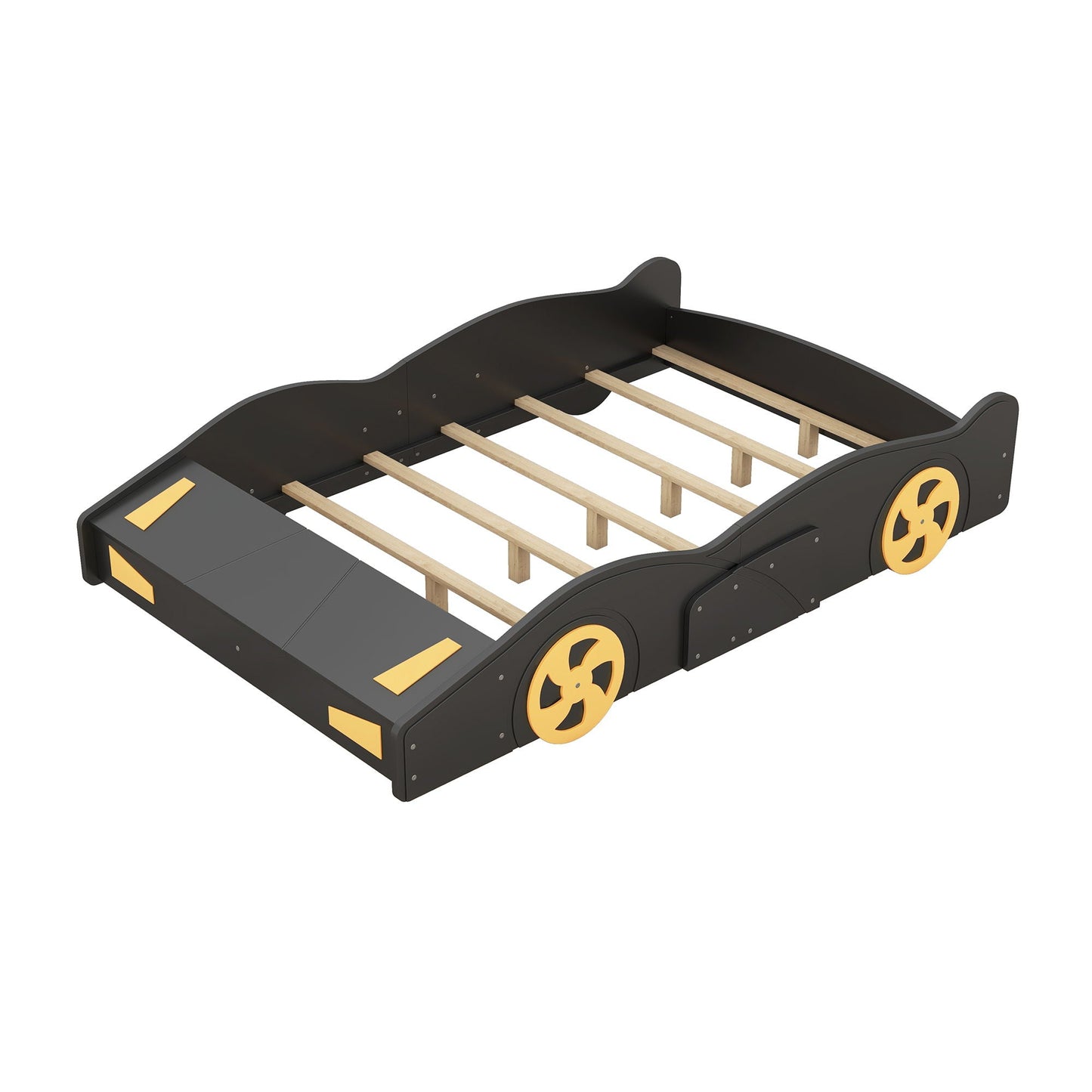 Race Car Shaped Platform Bed With Wheels And Storage dark gray frame, yellow wheel accents on Tampa Home & Garden Store