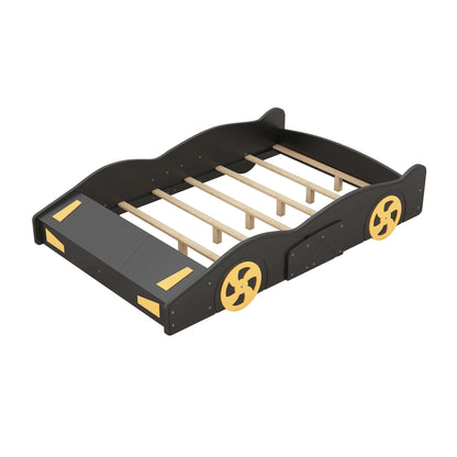 Race Car Shaped Platform Bed With Wheels And Storage dark gray frame, yellow wheel accents on Tampa Home & Garden Store