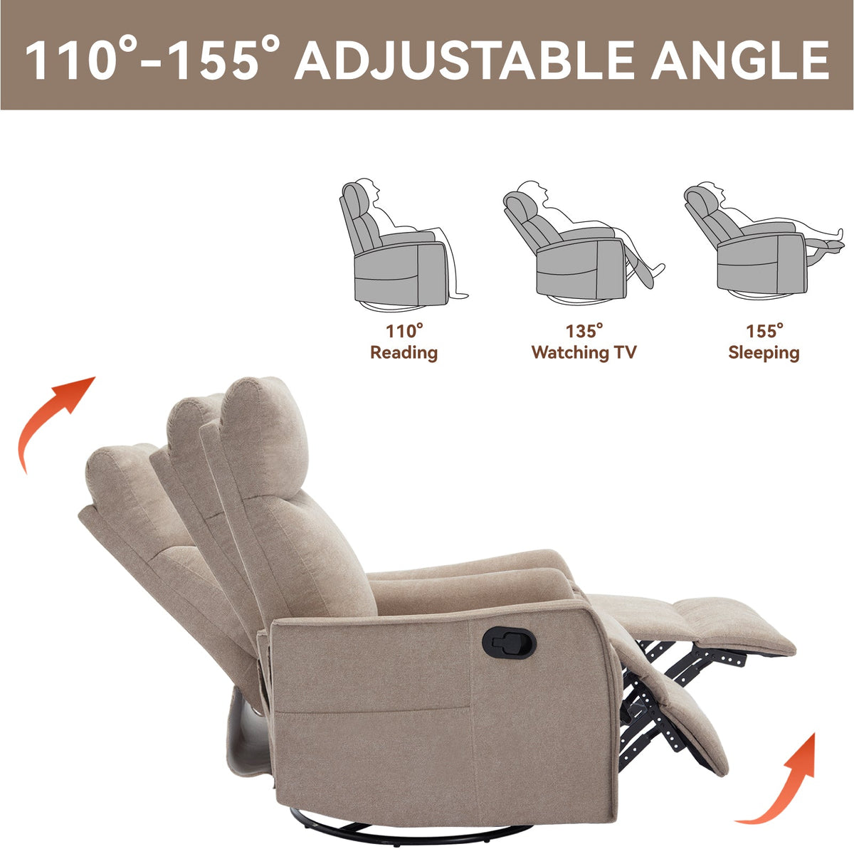 Heat Massage Manual Recliner Chair in khaki fabric with rocker and swivel on Tampa Home & Garden Store