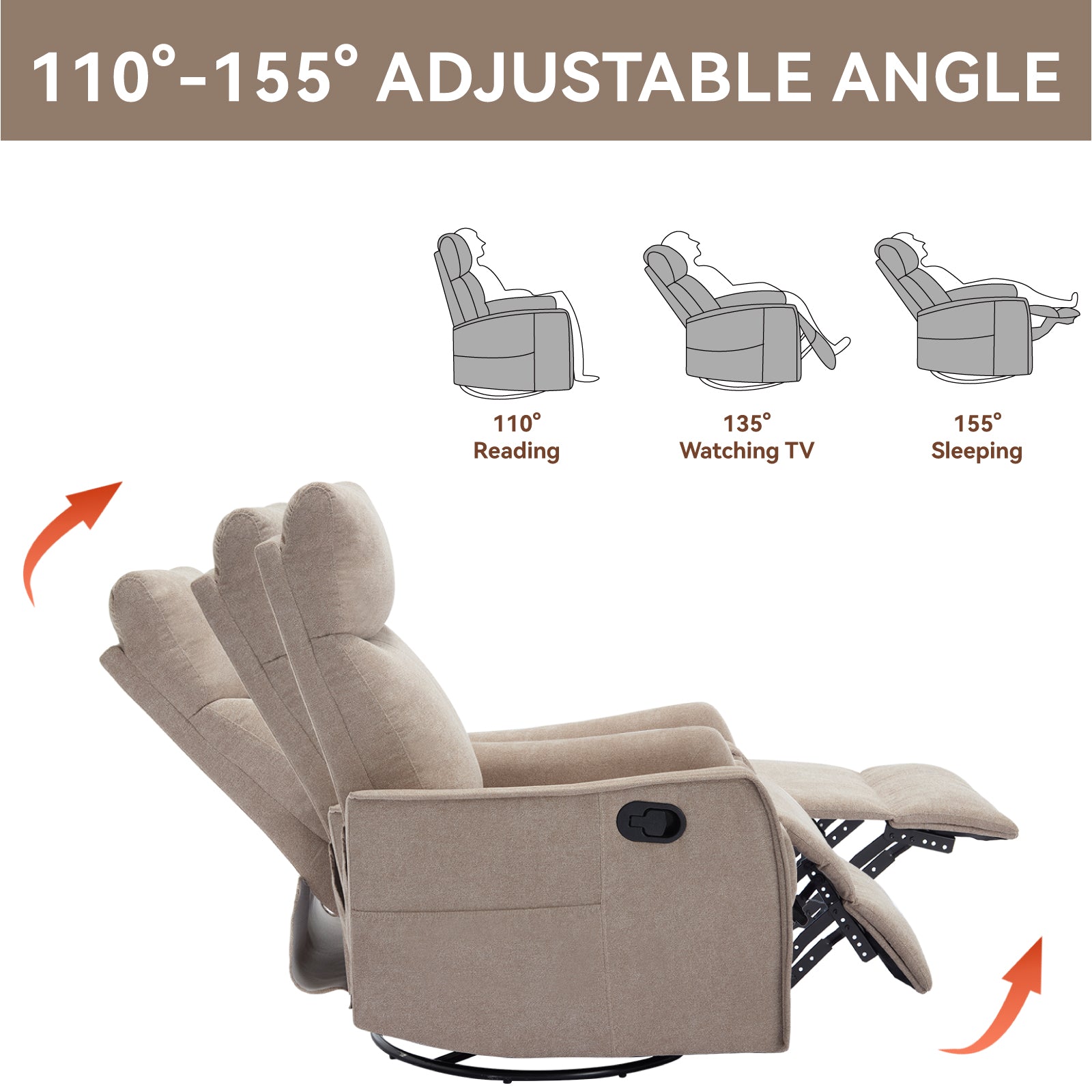 Heat Massage Manual Recliner Chair in khaki fabric with rocker and swivel on Tampa Home & Garden Store