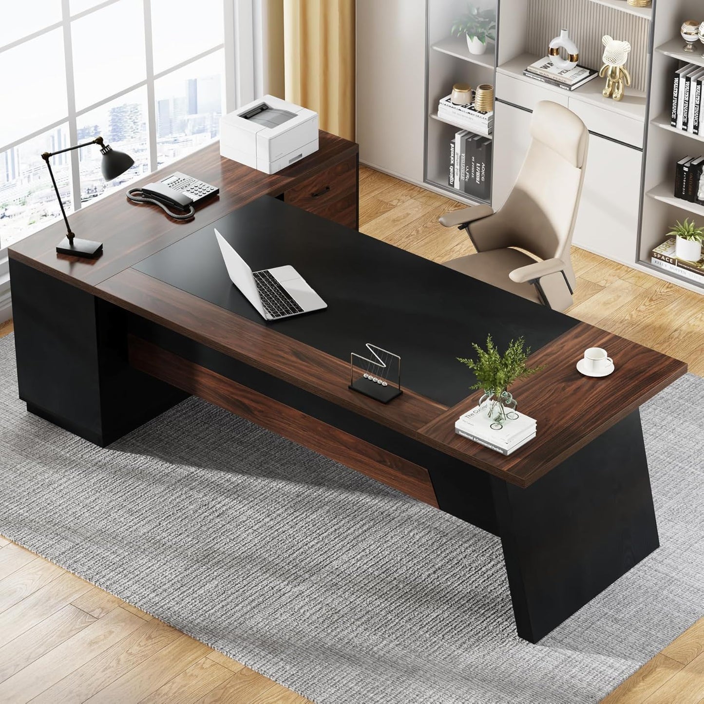 L-shaped corner desk with file cabinet and drawers in dark wood and black accents on Tampa Home & Garden Store