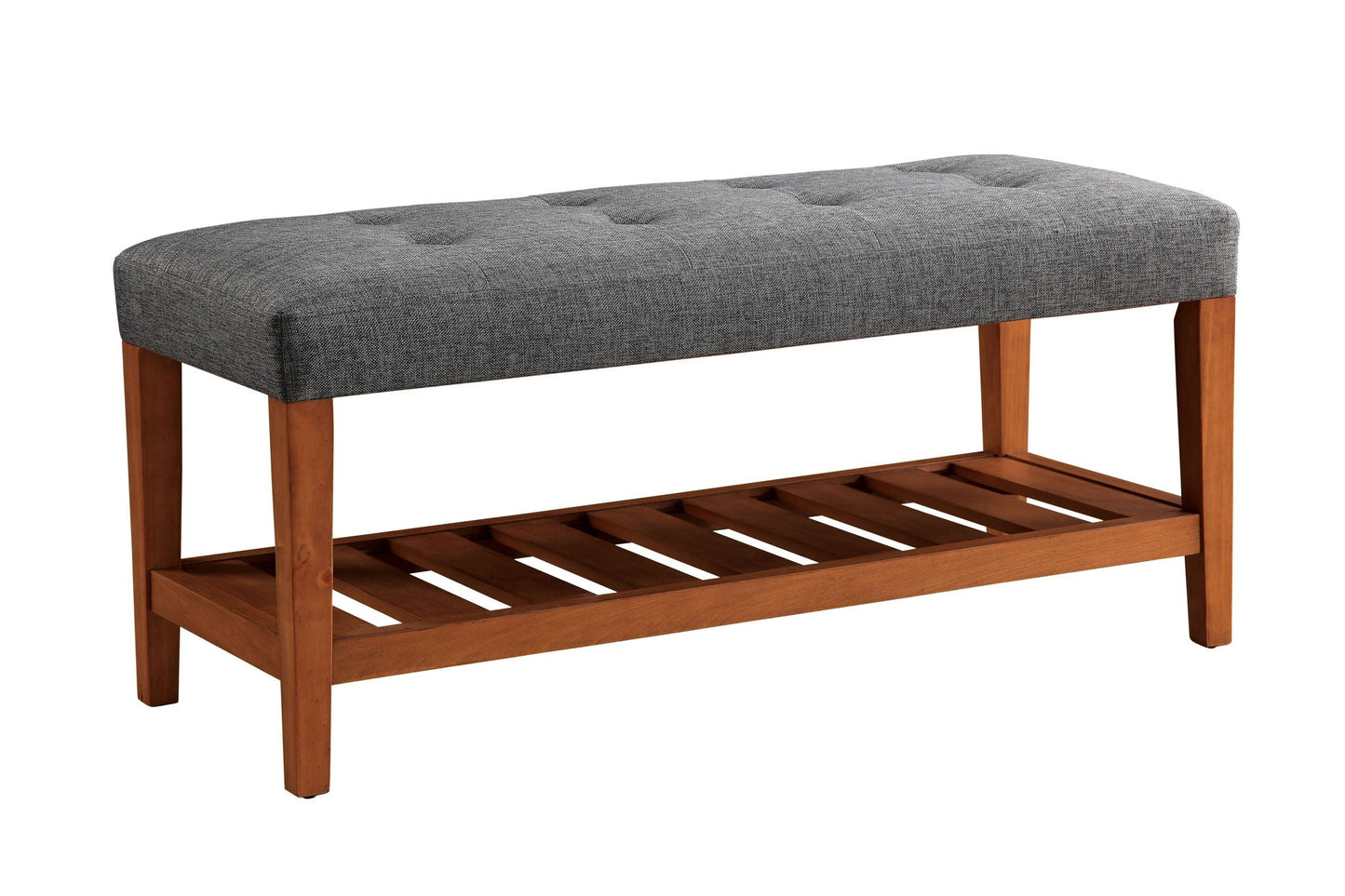 Charla Upholstered Bench gray fabric tufted top with wood legs; lower shelf HouseOfZazla on Tampa Home & Garden Store