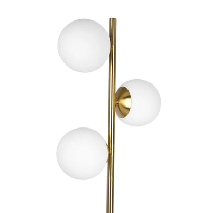Brilliance modern floor lamp with white opal globe shades on a gold brass stem on Tampa Home & Garden Store