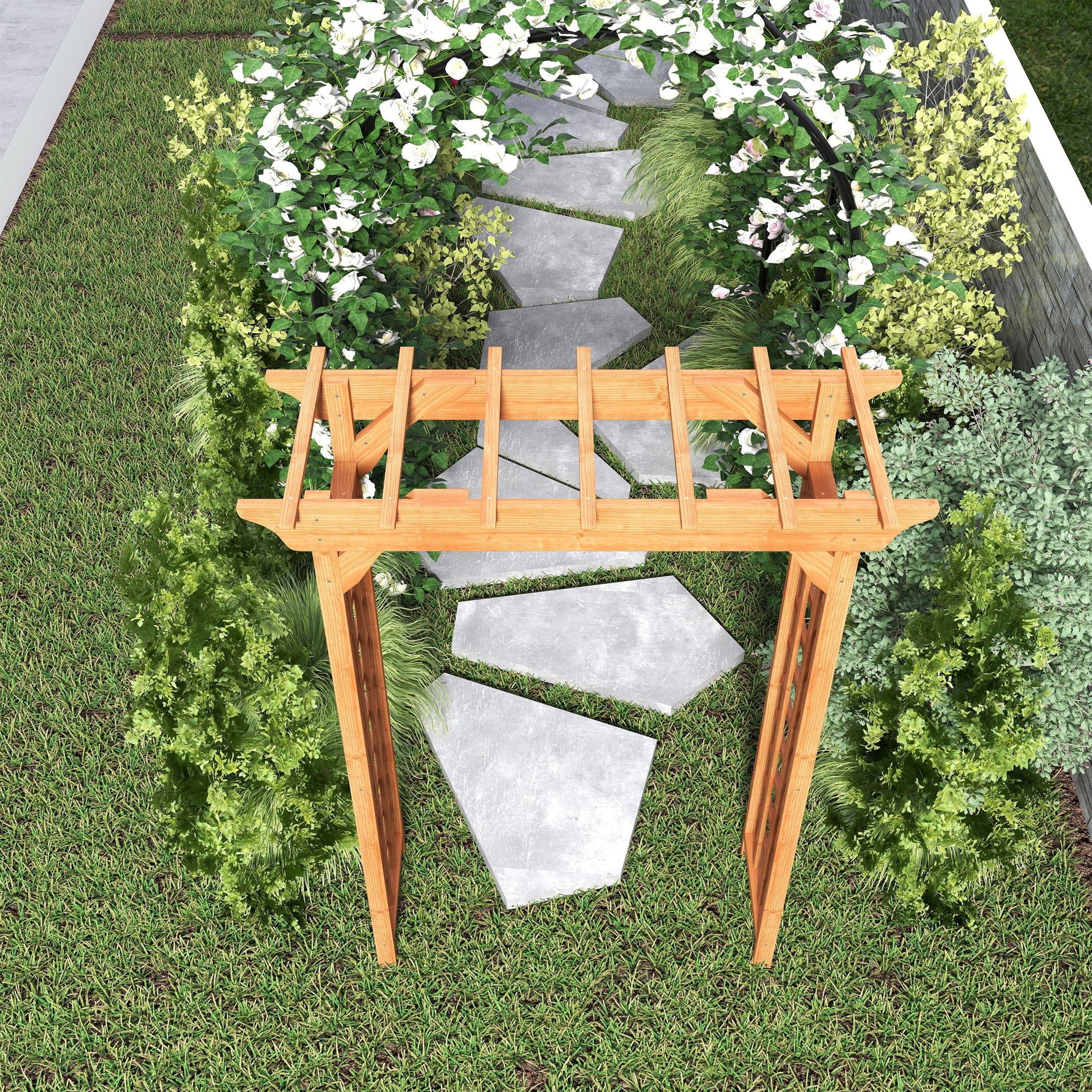 Wooden arbor wedding arch with climbing ivy and white blooms over a stone stepping path on Tampa Home & Garden Store
