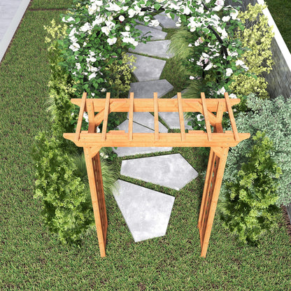 Wooden arbor wedding arch with climbing ivy and white blooms over a stone stepping path on Tampa Home & Garden Store