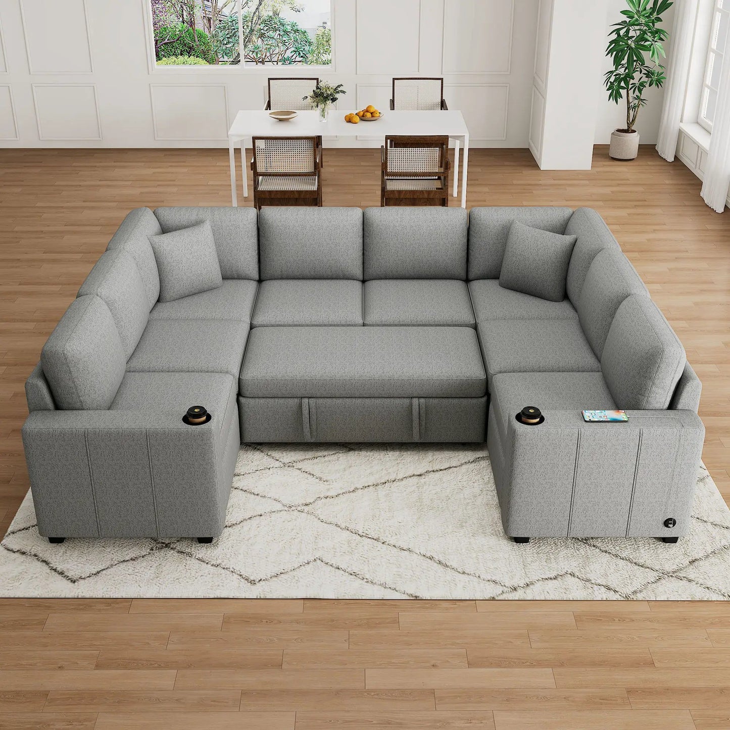 Grey convertible U-shaped sectional with pull-out bed and cup holders, 2-piece living room set on Tampa Home & Garden Store