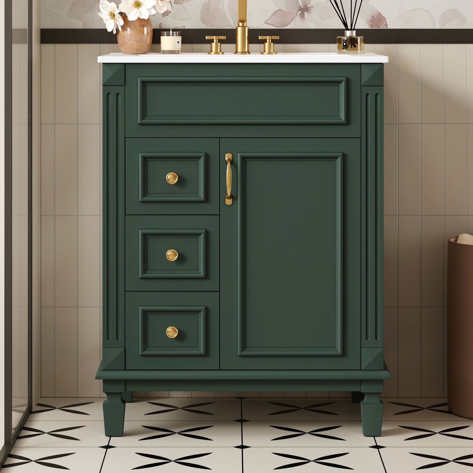 Bathroom vanity with sink, green cabinet, white countertop, gold hardware, 2 drawers on Tampa Home & Garden Store
