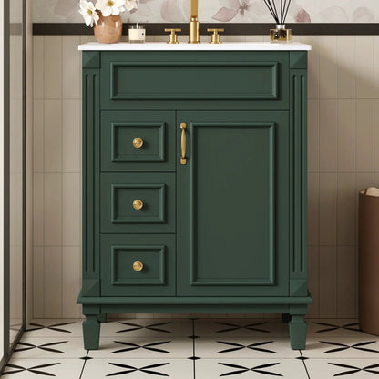 Bathroom vanity with sink, green cabinet, white countertop, gold hardware, 2 drawers on Tampa Home & Garden Store