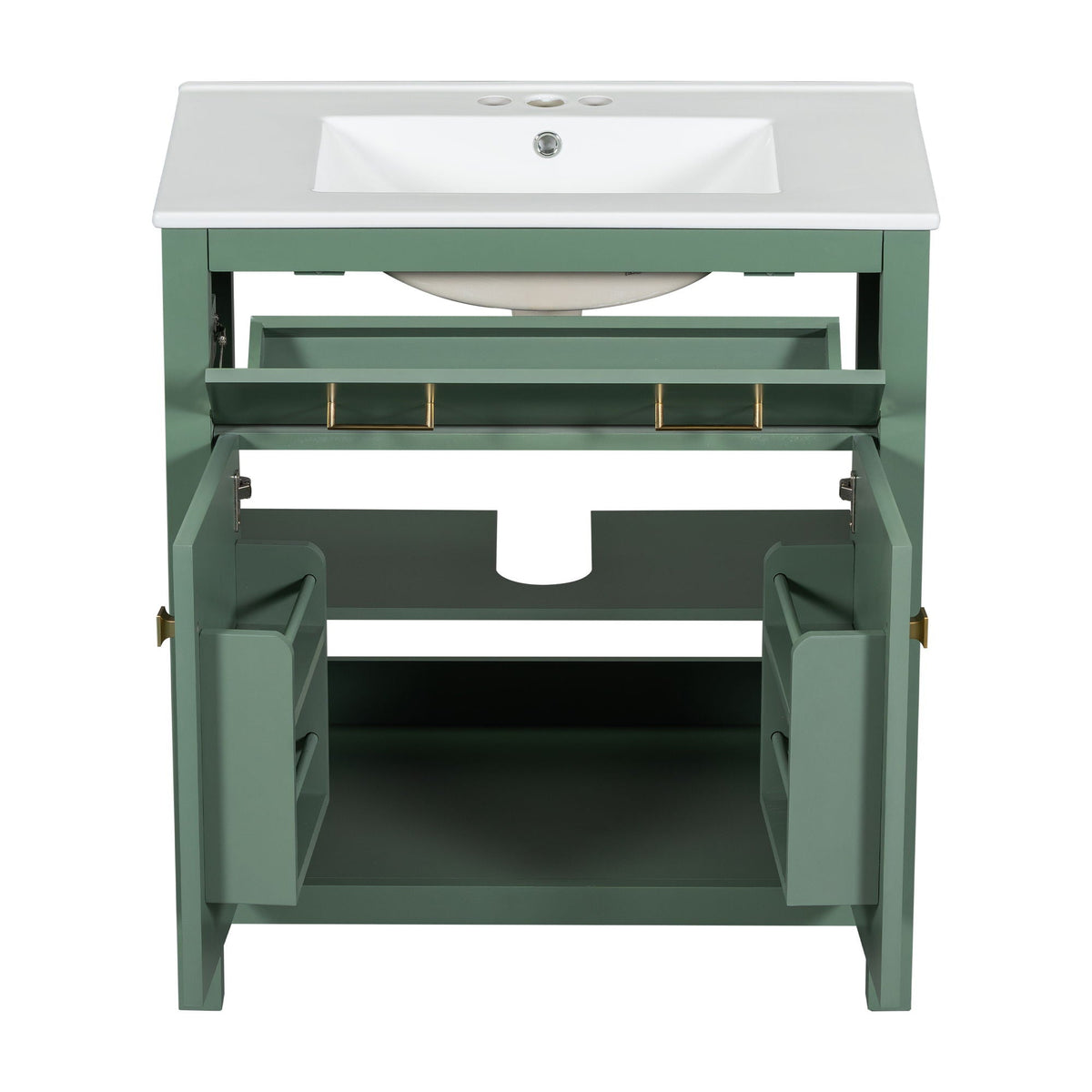 Modern green bathroom vanity by HouseOfZazla with white ceramic sink and gold hardware on Tampa Home & Garden Store