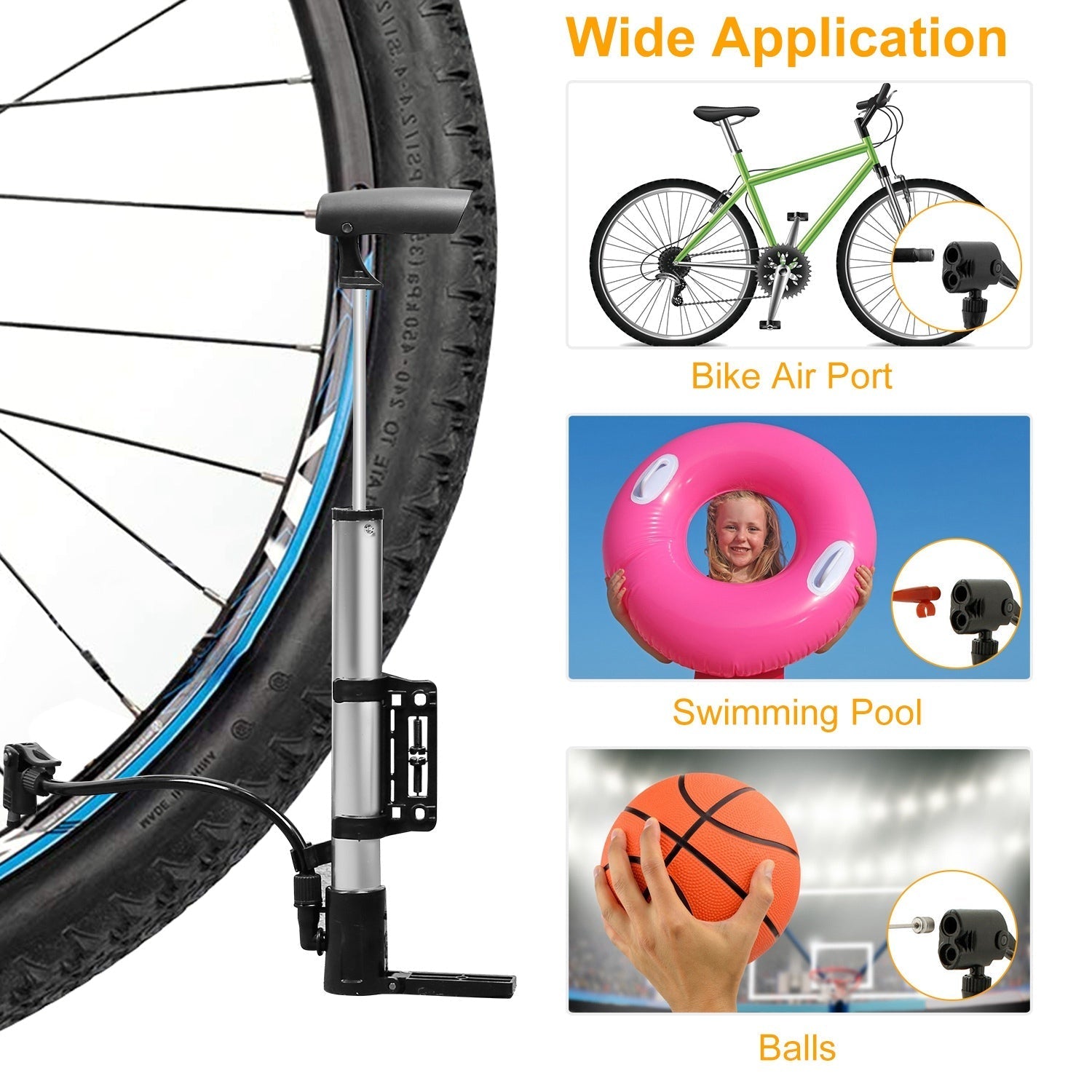 GemGear portable silver mini bike pump with mounting frame on a mountain bike on Tampa Home & Garden Store