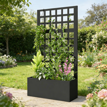 Planter Box Raised Garden Bed by HouseOfZazla with black metal frame and lattice trellis on Tampa Home & Garden Store