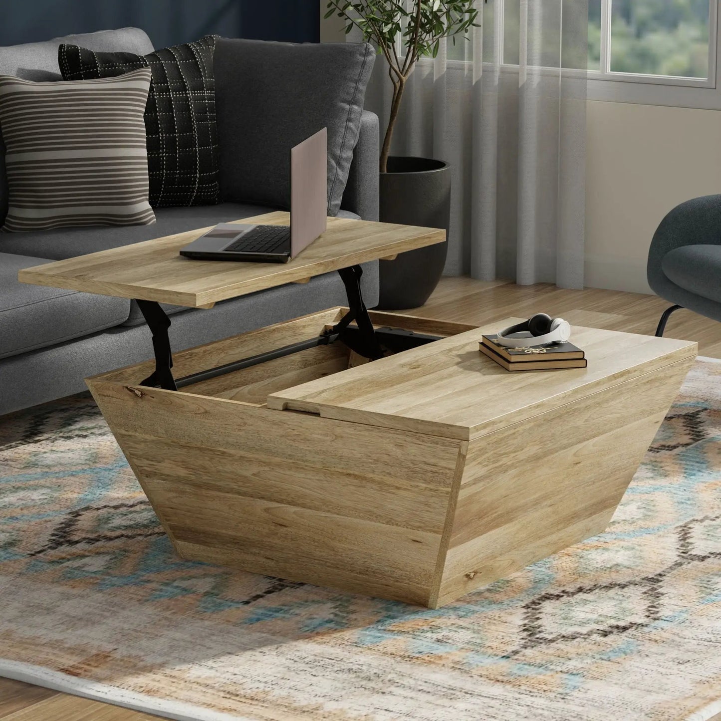 Abba Handcrafted Coffee Table by Unique Piece Furniture in light oak with black metal legs on Tampa Home & Garden Store