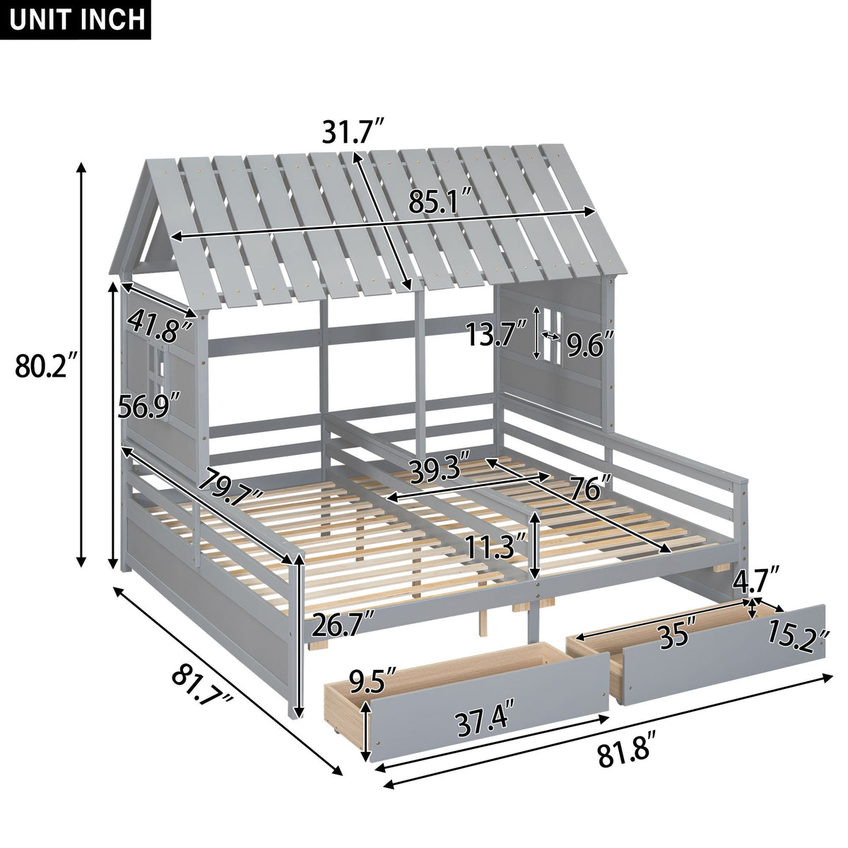Grey platform storage bed by HouseOfZazla with 2 side-by-side drawers on Tampa Home & Garden Store