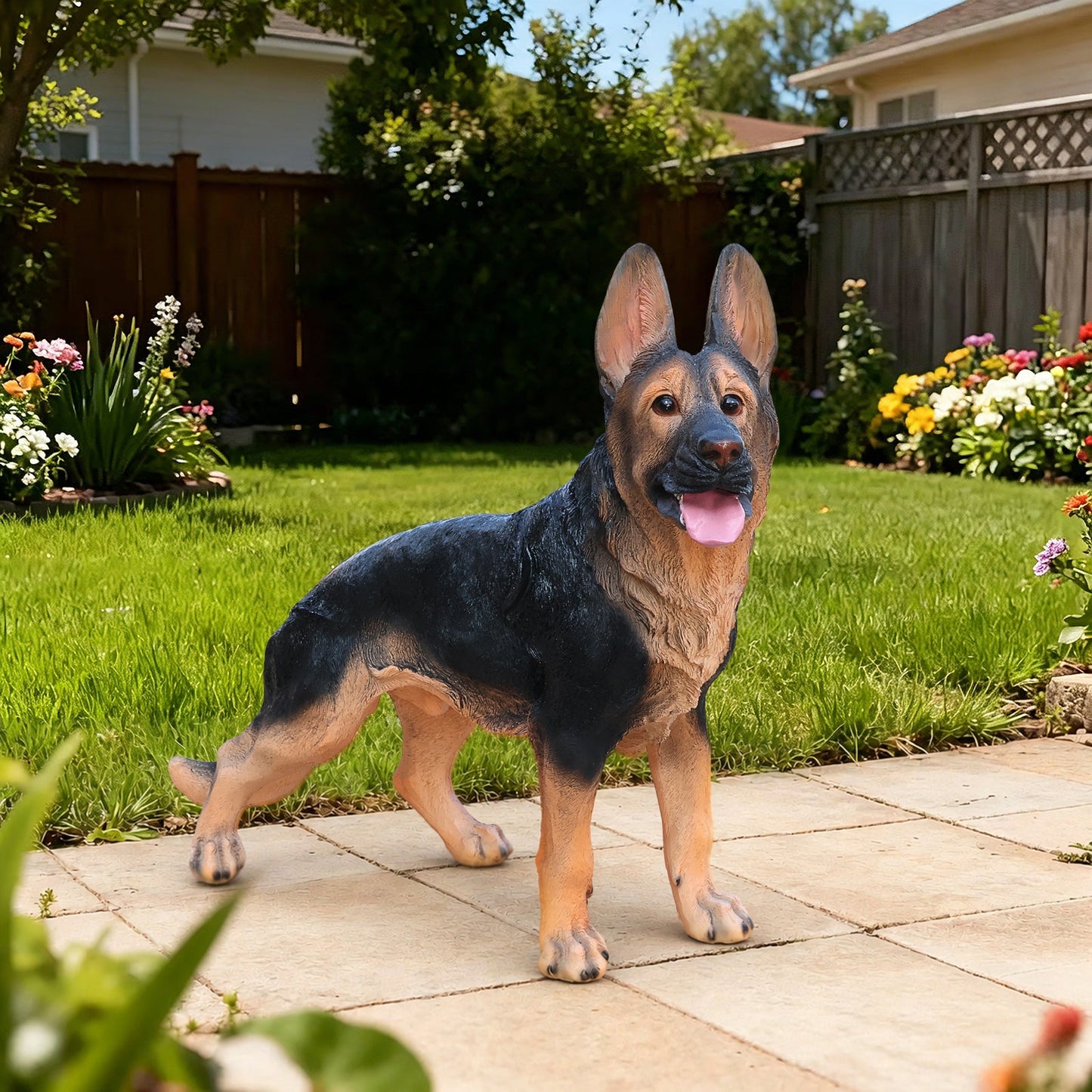 Outdoor German Shepherd statue greeter for gardens by HouseOfZazla in tan and black on Tampa Home & Garden Store