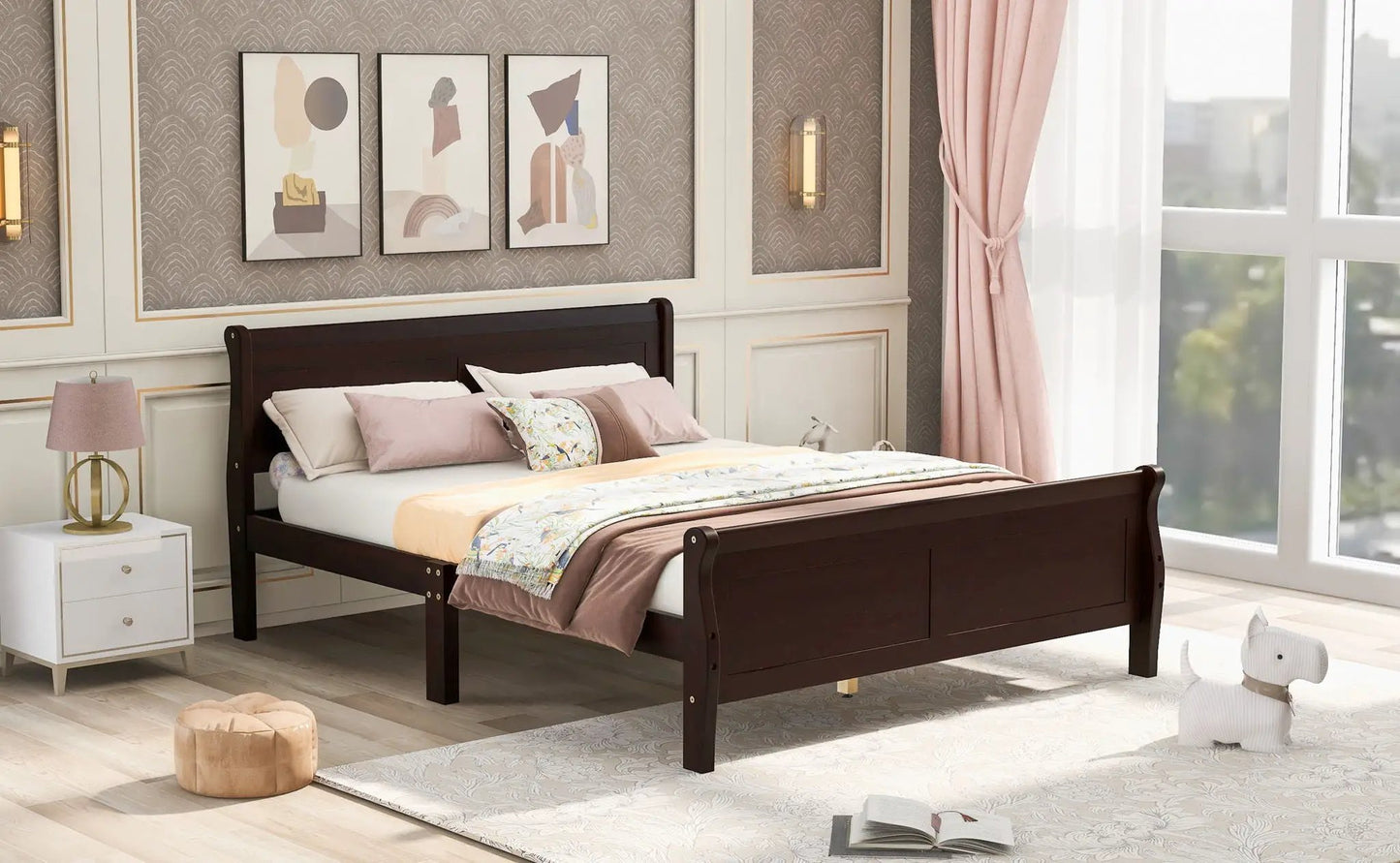 Platform bed sleigh bed by Unique Piece Furniture with headboard and slat support on Tampa Home & Garden Store