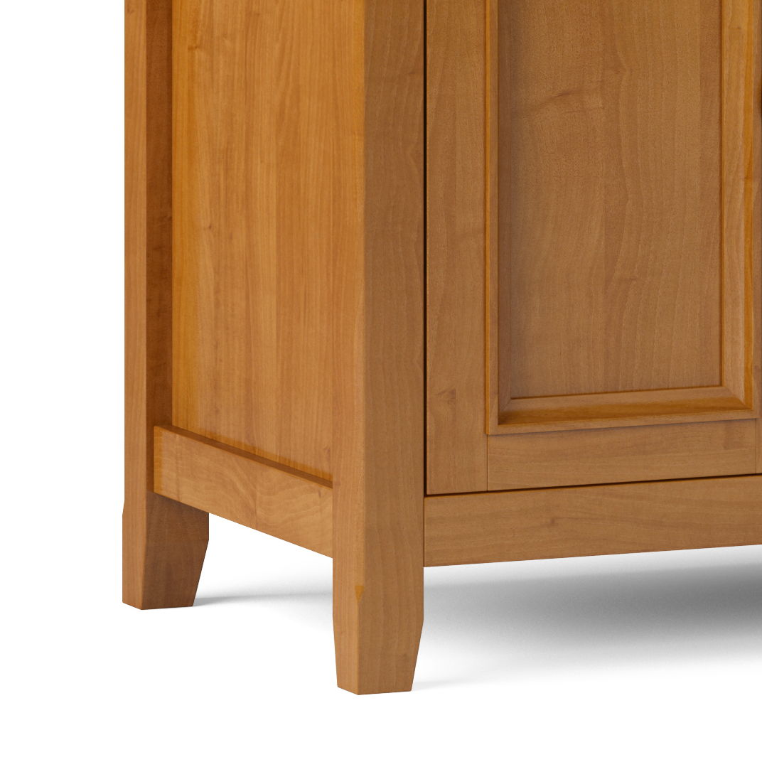 Handcrafted Wide TV Stand with storage cabinet and solid wood legs in warm oak finish on Tampa Home & Garden Store