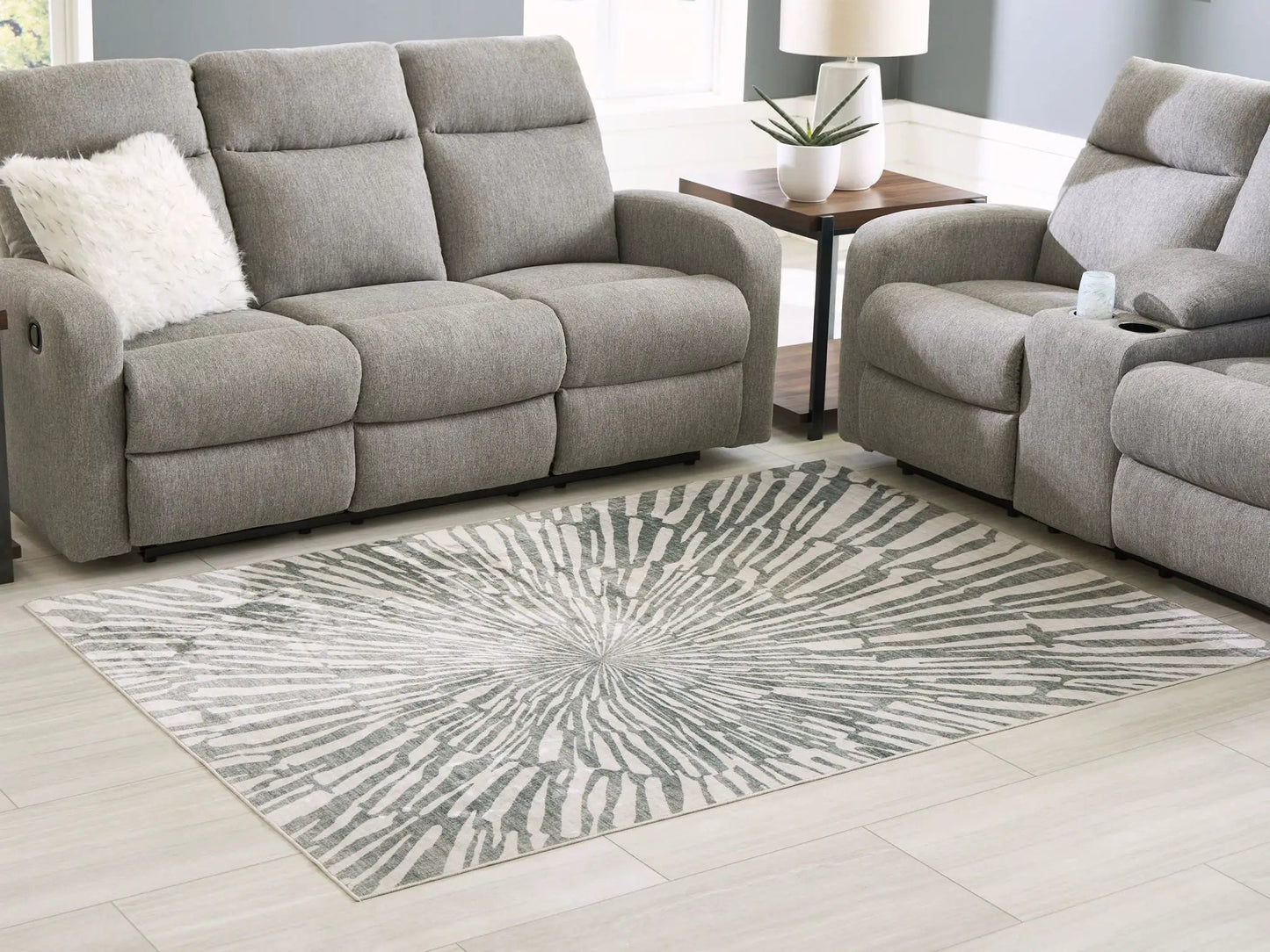 Verland washable rug gray with white radial stripe pattern by Unique Piece Furniture on Tampa Home & Garden Store