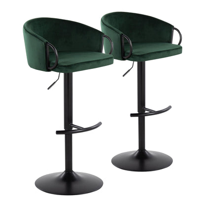 Adjustable swivel barstool set in green velvet with rounded T footrests, 2 stools on Tampa Home & Garden Store