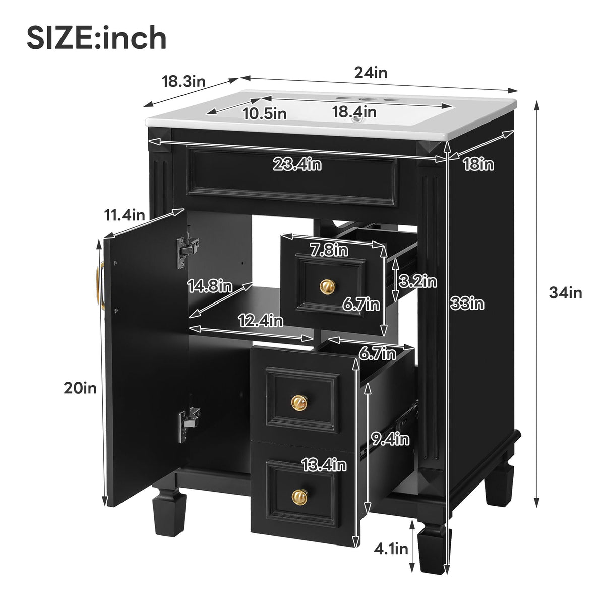 Compact bathroom vanity with ceramic sink, black finish and multiple drawers HouseOfZazla on Tampa Home & Garden Store