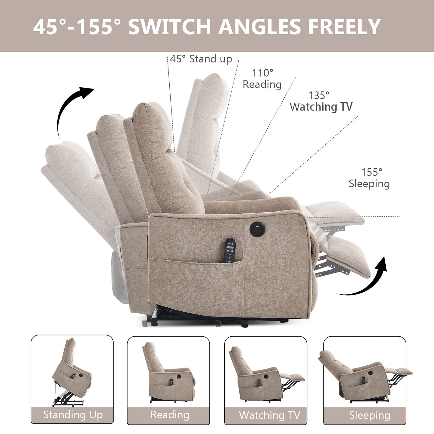 Khaki chenille power lift recliner with massage and heat by HouseOfZazla; multiple positions on Tampa Home & Garden Store