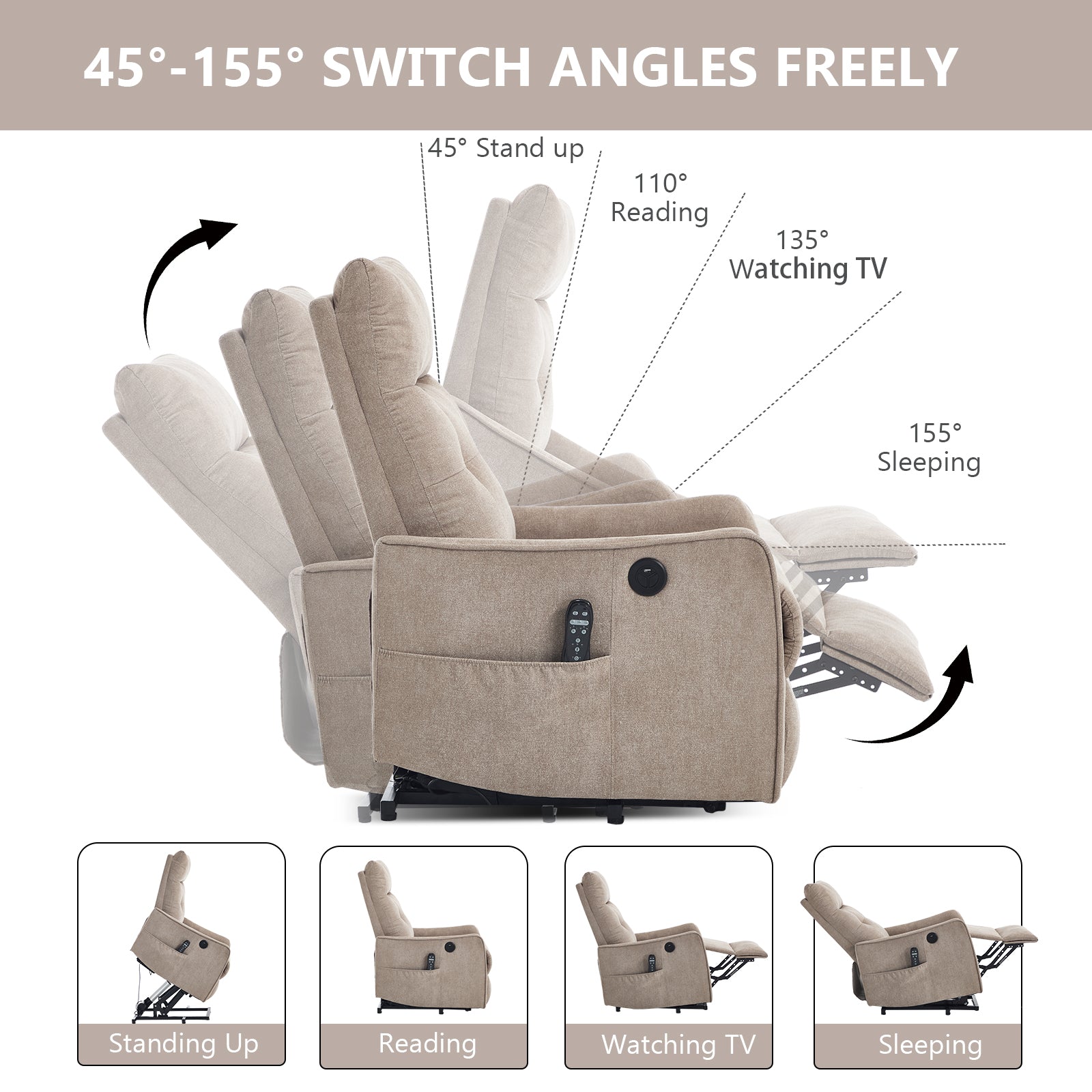 Khaki chenille power lift recliner with massage and heat by HouseOfZazla; multiple positions on Tampa Home & Garden Store